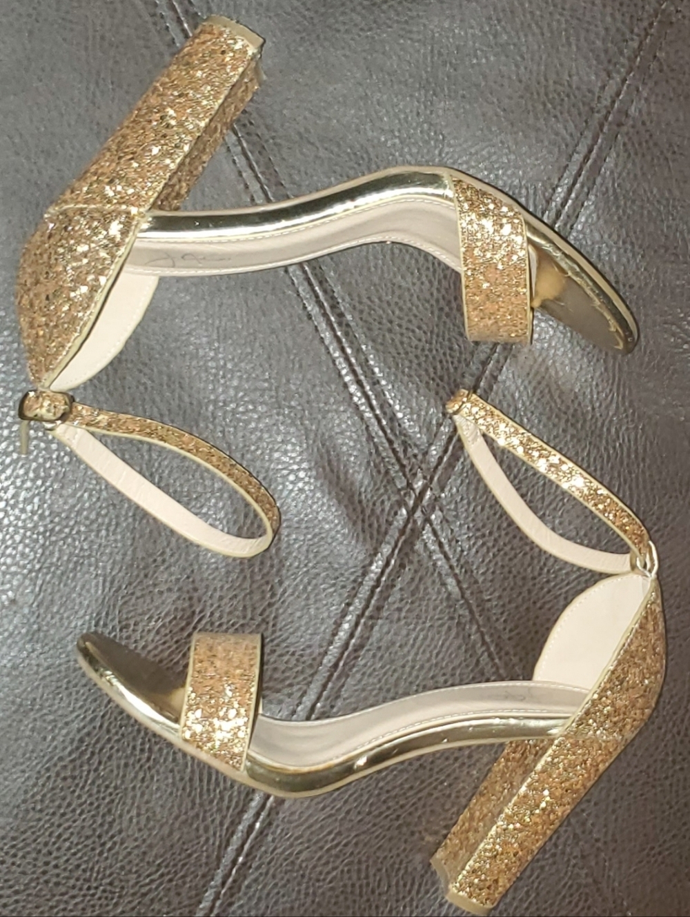 Gold Glitter Block Heel Ankle-Strap Sandals for Women